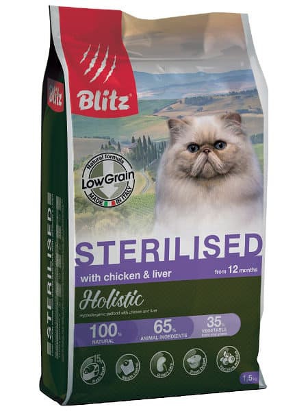 Blitz Holistic КУРИЦА И ПЕЧЕНЬ — низкозерновой корм для кастрированных или стерилизованных кошек и котов всех пород